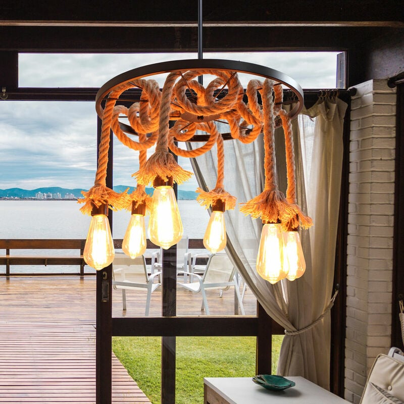 foto del prodotto lampada a sospensione, vintage lampadario da soffitto con ferro ruota, corda di canapa illuminazione edison e27 per cucina isaland camera da letto
