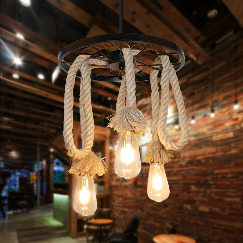foto del prodotto lampada a sospensione, vintage lampadario da soffitto con ferro ruota, corda di canapa illuminazione edison e27 per cucina isaland camera da letto