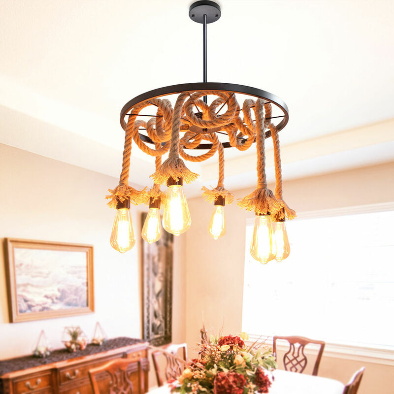 foto del prodotto lampada a sospensione, vintage lampadario da soffitto con ferro ruota, corda di canapa illuminazione edison e27 per cucina isaland camera da letto