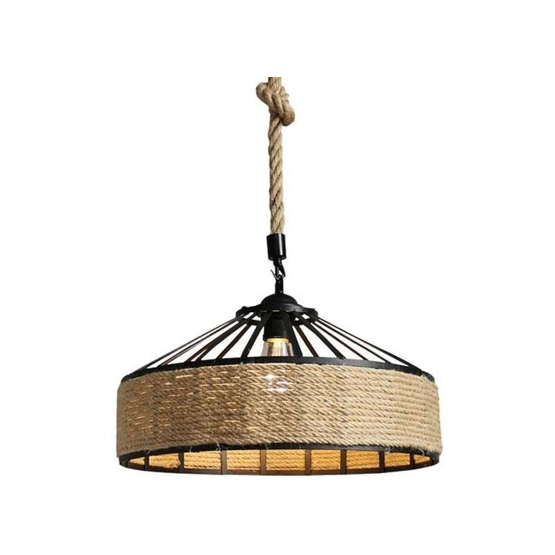 foto del prodotto lampada a sospensione, vintage lampadario da soffitto con paralume in ferro, corda di canapa illuminazione edison e27 per cucina isaland camera da