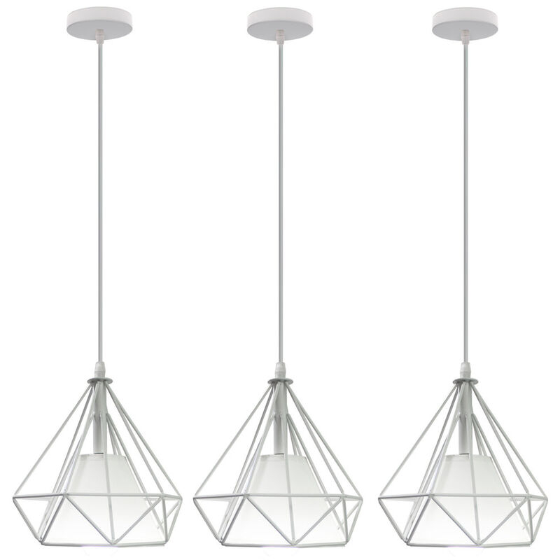 foto del prodotto lampada a sospensione, vintage metallo plafoniera con gabbia di diamante, industriale stile illuminazione e27 per soggiorno cucina 3x bianco 