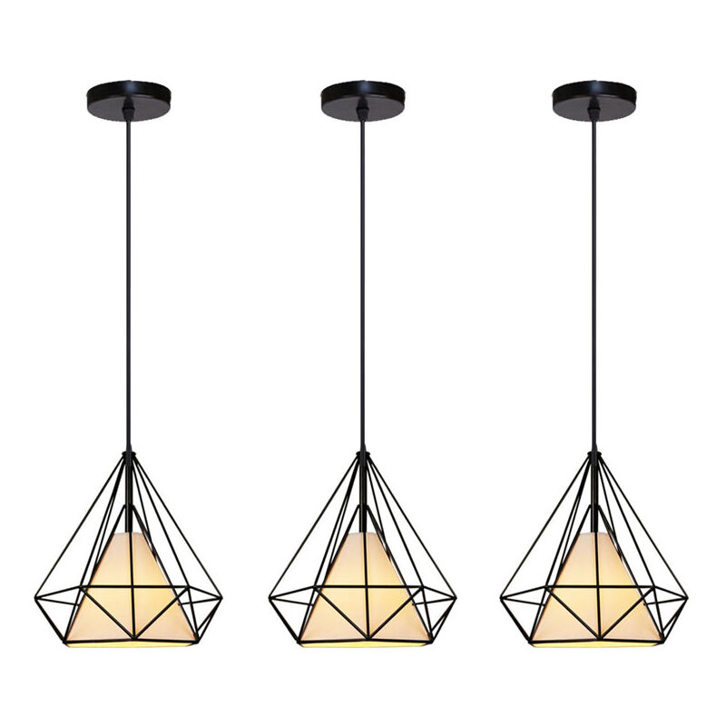 foto del prodotto lampada a sospensione, vintage metallo plafoniera con gabbia di diamante, industriale stile illuminazione e27 per soggiorno cucina 3x nero