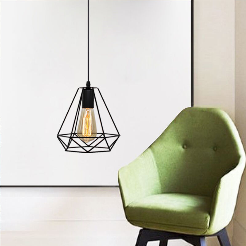 foto del prodotto lampada a sospensione, vintage plafoniera con 20cm gabbia in metallo diamante, lampadari per soggiorno cucina nero 1 luci
