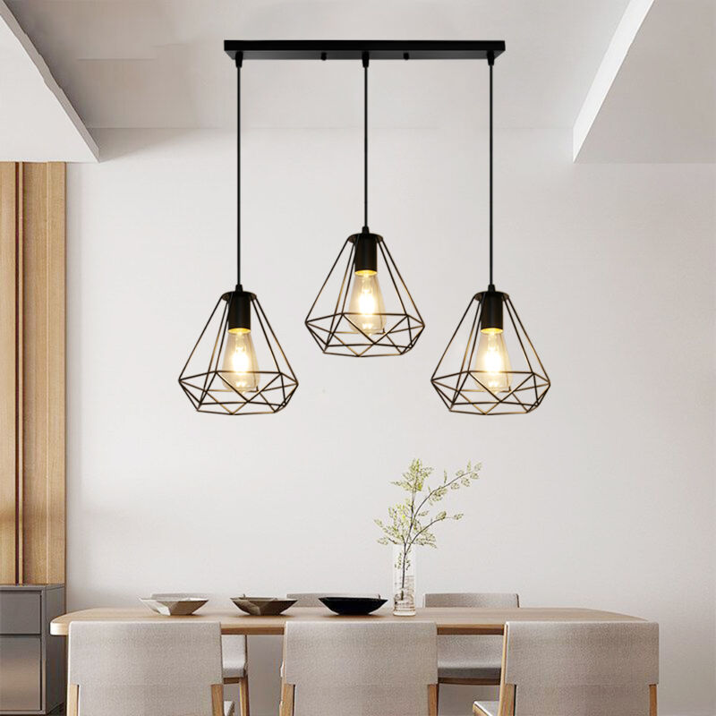 foto del prodotto lampada a sospensione, vintage plafoniera con 20cm gabbia in metallo diamante, lampadari per soggiorno cucina nero 3 luci con portalampada tondo