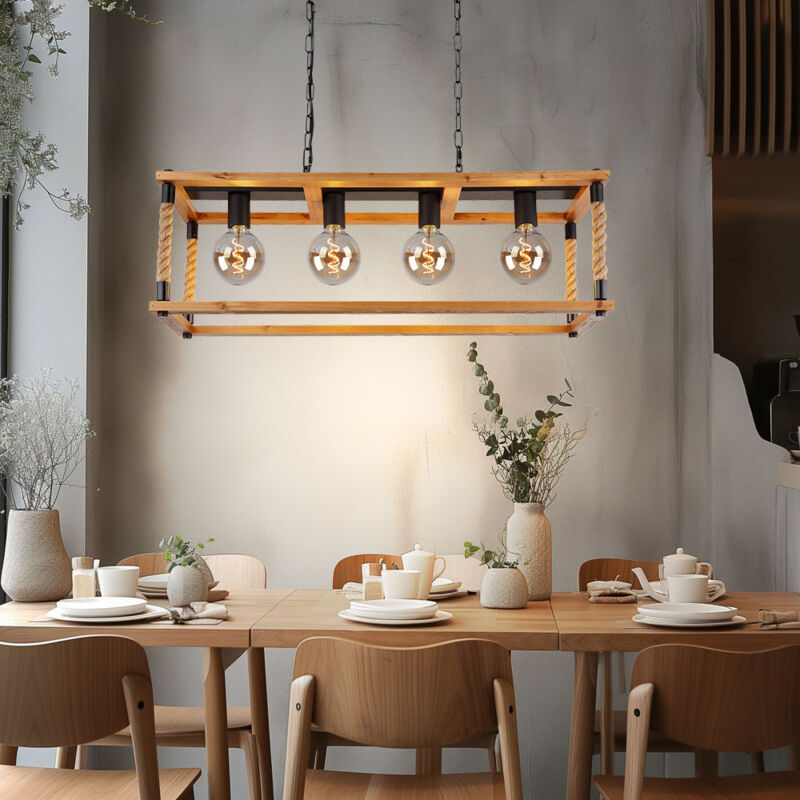 foto del prodotto lampada a sospensione vintage retr a sospensione in legno lampada a soffitto a led in corda di canapa 4 fiamme, metallo nero marrone, 7w 806lm