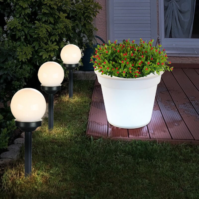 foto del prodotto lampada a spina a luce solare sfera luminosa da esterno con picchetto a terra vaso da fiori solare, 1x vaso da fiori 3x sfera, lampadine a led, set