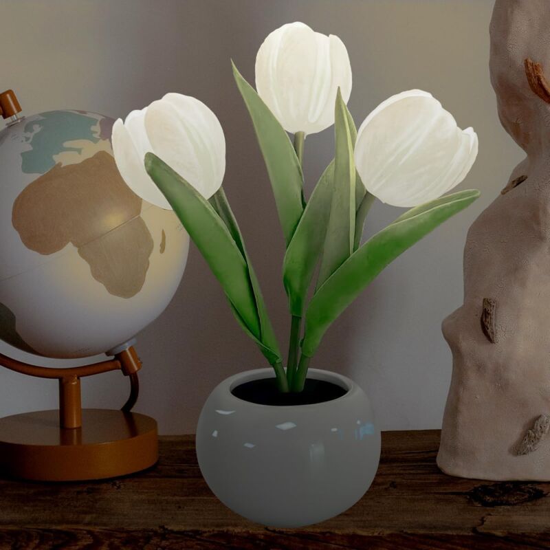 foto del prodotto lampada a tulipano, lampada da tavolo, lampada da scrivania, ornamenti floreali, simulazione led, luce notturna a tulipano con vaso in ceramica, per