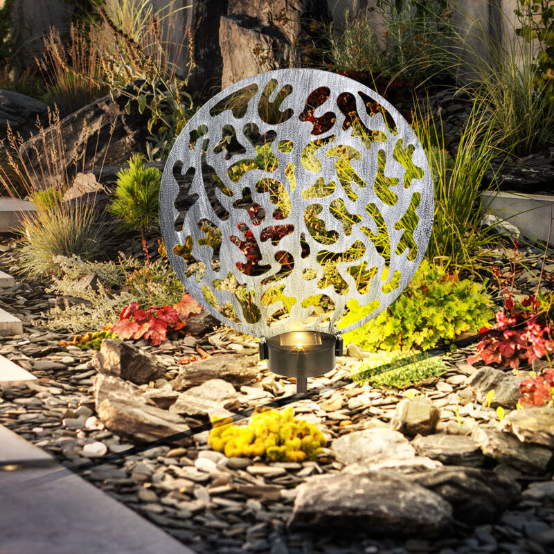 foto del prodotto lampada ad energia solare lampada solare rotonda lampada da esterno decorazione da giardino picchetto, effetto luce, metallo argento antico, 2x led