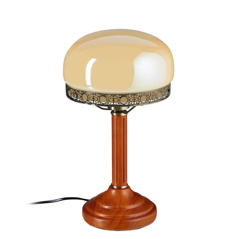 foto del prodotto lampada antica dall aspetto vintage, abat jour con paralume in vetro e base in legno, beige e aspetto ottone relaxdays