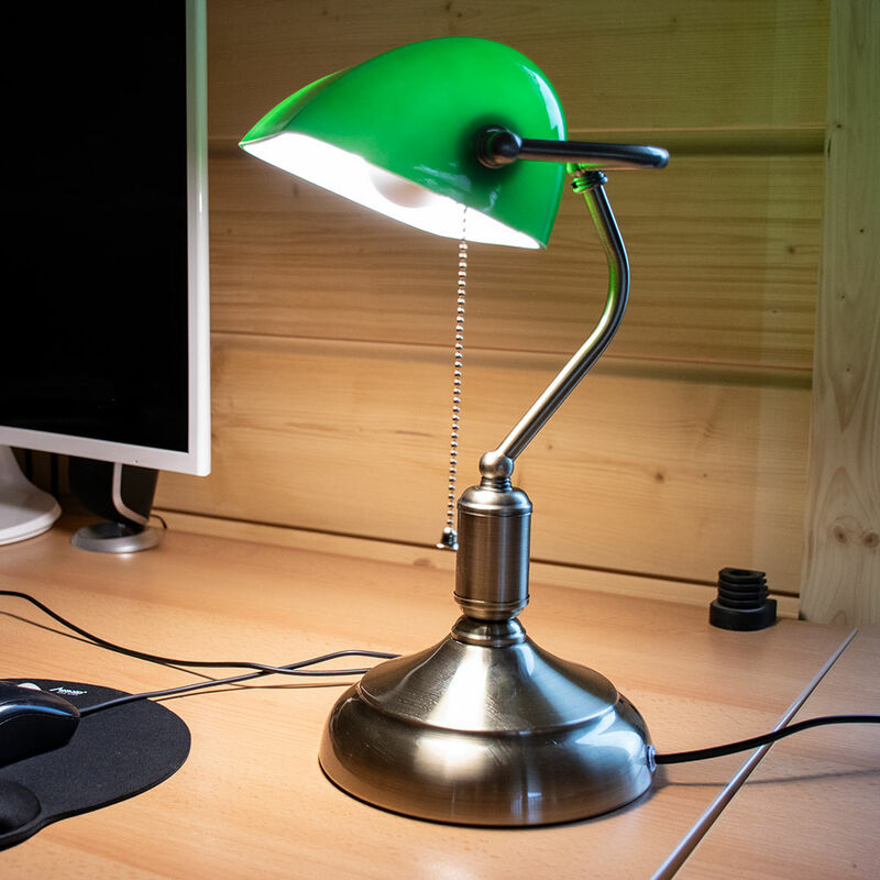 foto del prodotto lampada banker lampada da tavolo orientabile in vetro lampada da tavolo retr verde interruttore a tirante, metallo, attacco 1x e27, lxlxa 26x18x36 cm