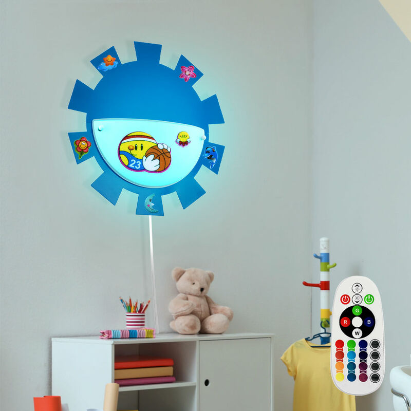 foto del prodotto lampada cameretta bambini, lampada sala giochi, applique, applique, lampada bambini, telecomando dimmerabile memory adesivo acciaio vetro bianco blu,