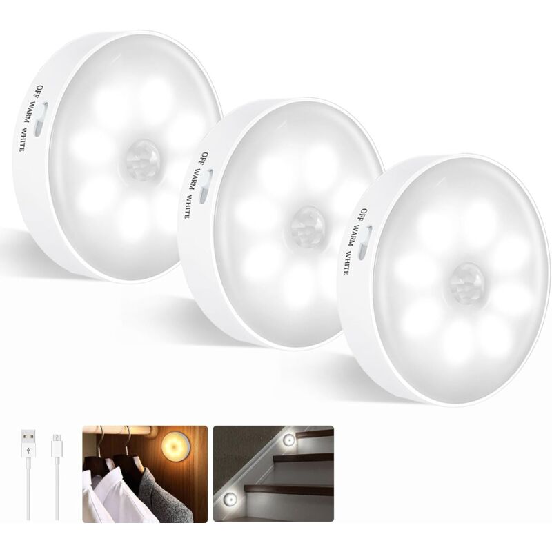 foto del prodotto lampada con sensore di movimento a led, confezione da 3, luce notturna a led, ricaricabile senza fili, induzione usb, due colori luce bianca luce
