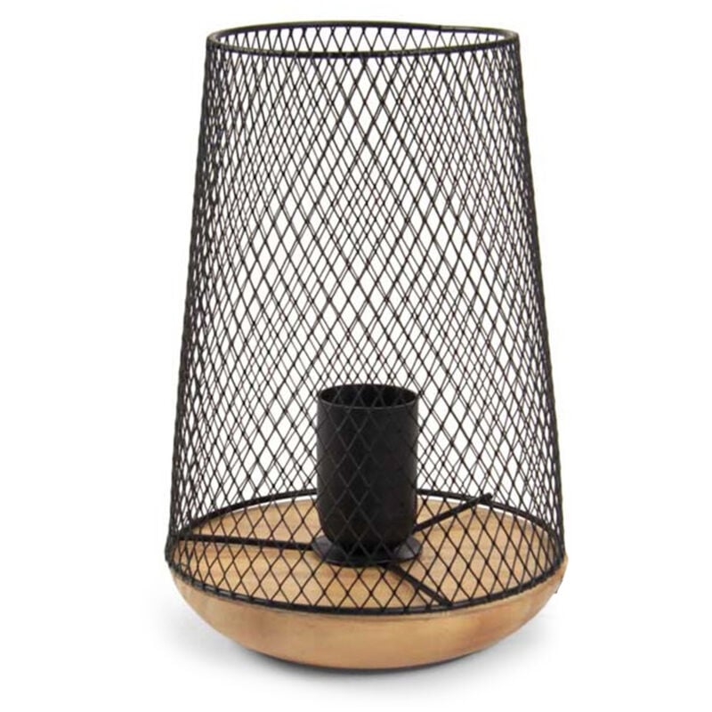 foto del prodotto lampada da arredo in metallo con base legno a rete 17x17x23cm in colore nero