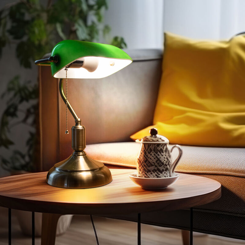 foto del prodotto lampada da banchiere lampada da tavolo regolabile in vetro, lampada da scrivania retr verde, interruttore a tirante, metallo, 1x attacco e27, lxlxa