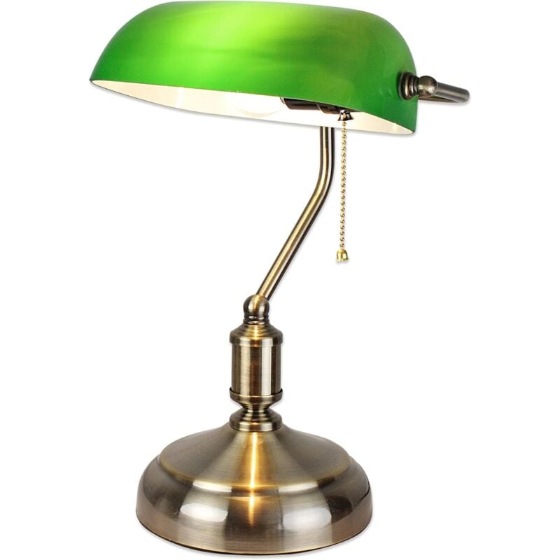 foto del prodotto lampada da banchiere verde - lampada da comodino retrò vintage - biblioteca avvocato notaio - base e27 - vetro opalino - interruttore a catena - 38