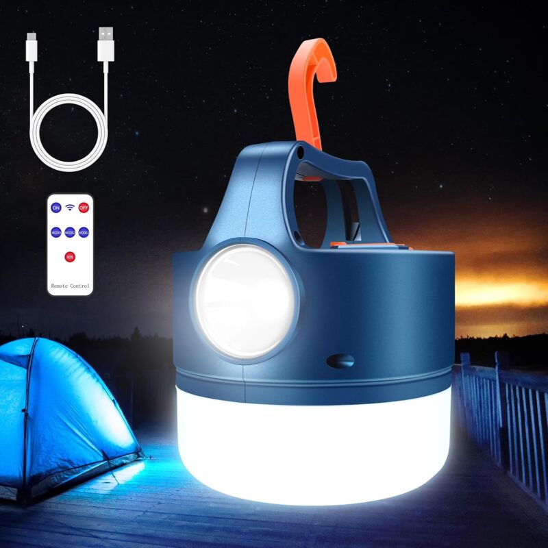 foto del prodotto lampada da campeggio a led ricaricabile tramite usb o energia solare, torcia elettrica da 2400 mah, 5 modalit , portatile, impermeabile, da appendere