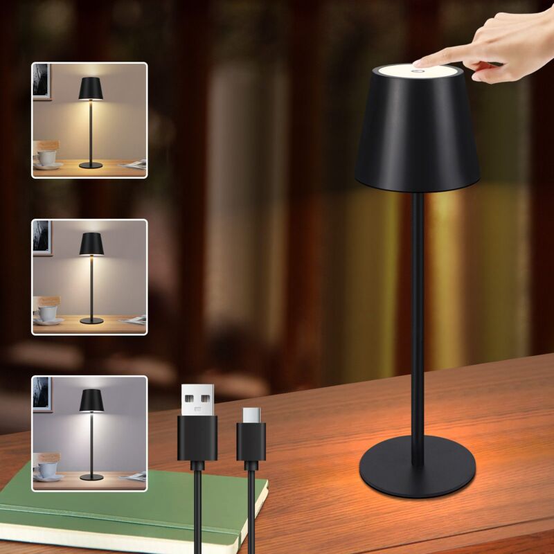 foto del prodotto lampada da comodino a batteria senza fili lampada da tavolo per esterni ricaricabile a led 2600mha nera touch lampada da comodino a batteria