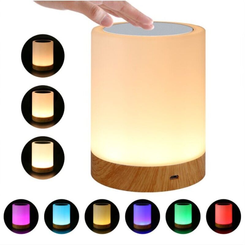 foto del prodotto lampada da comodino a led colorata, luce notturna touch con colori cangianti, lampada da tavolo ricaricabile con luce bianca calda