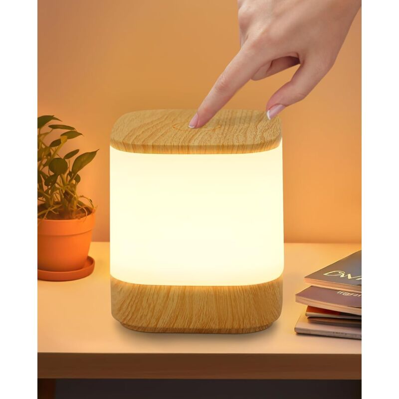 foto del prodotto lampada da comodino a led in legno dimmerabile con tocco lampada da tavolo a batteria da 3600 mah, ricaricabile tramite usb, senza fili, con 3