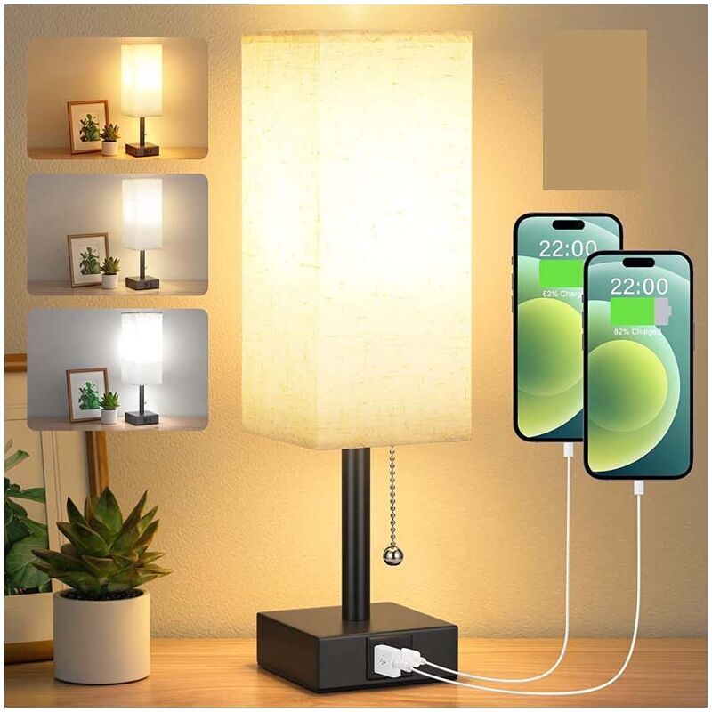 foto del prodotto lampada da comodino con 3 modalit di colore 3000 4000 5000k e porte di ricarica usb a c, lampadina a led, interruttore a catena, lampada da tavolo