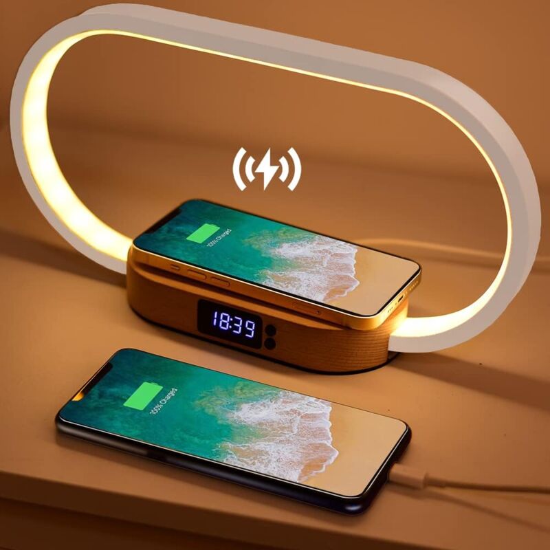 foto del prodotto lampada da comodino con caricabatterie wireless, touch con porta usb, caricabatterie a induzione con orologio, lampada da tavolo con 3 modalit 