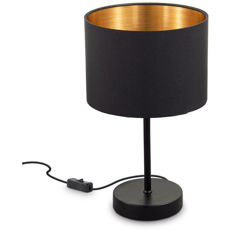foto del prodotto lampada da comodino con paralume in tessuto nero e oro, adatta per lampadina e27 non inclusa max 40w, lampada da tavolo diametro 20cm, abat jour per