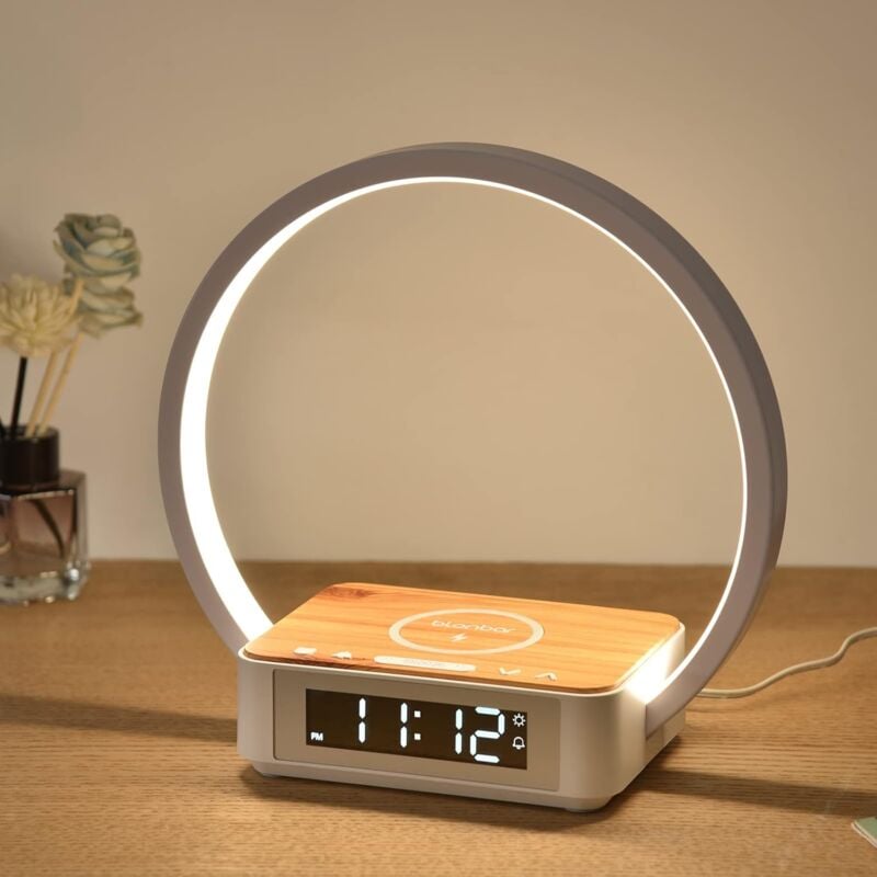foto del prodotto lampada da comodino da 10 w con controllo touch dimmerabile, lampada da tavolo con sveglia, caricabatterie wireless e 3 livelli di luminosit per