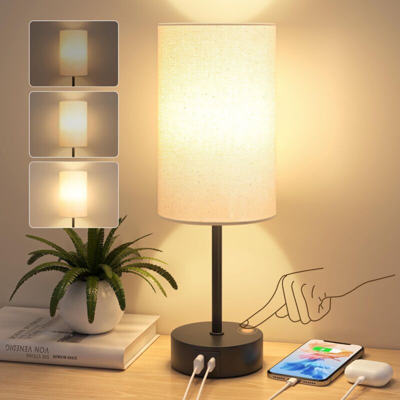 foto del prodotto lampada da comodino dimmerabile touch, lampada da comodino per camera da letto con porta di ricarica usb a c, paralume in lino, piccola lampada da