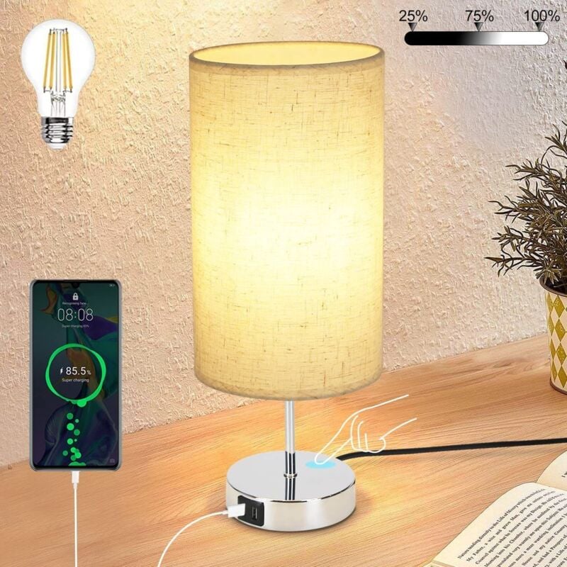 foto del prodotto lampada da comodino gbly con funzione di ricarica tattile lampada da tavolo e27 bianco caldo regolabile usb abat jour in tessuto per decorazione