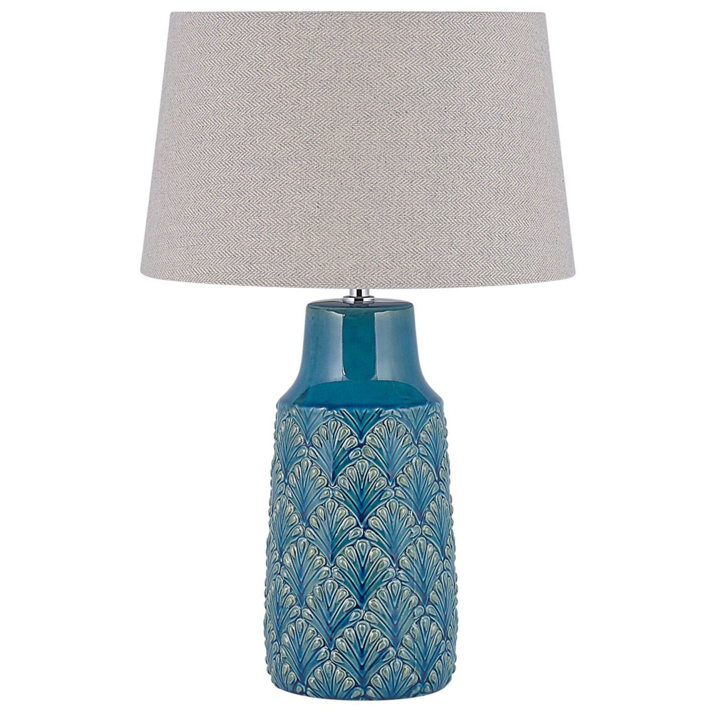 foto del prodotto lampada da comodino in ceramica blu mare e grigia 55 cm motivo foglia tradizionale