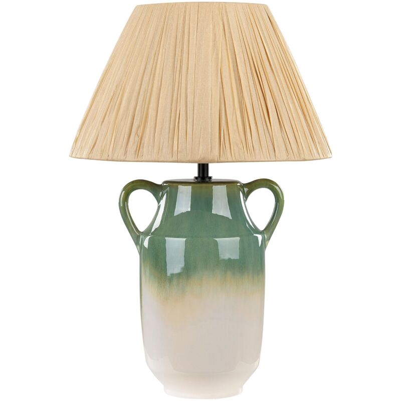 foto del prodotto lampada da comodino in ceramica con paralume in carta a cono naturale verde e bianco limoni