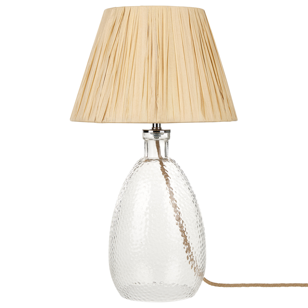 foto del prodotto lampada da comodino in vetro con paralume in corda di canapa stile naturale blanco