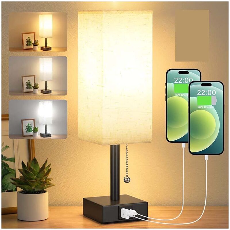 foto del prodotto lampada da comodino luce notturna dimmerabile a 3 colori 3000 4000 5000k con porte di ricarica usb a c lampadina led interruttore a catena per