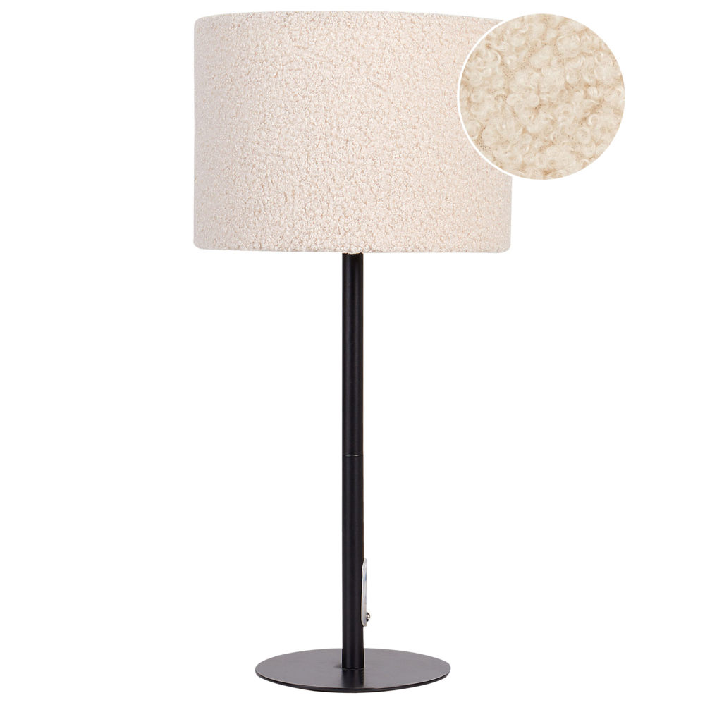 foto del prodotto lampada da comodino moderna con paralume in tessuto boucle e base in metallo a forma di tamburo beige stile moderno soggiorno camera da letto