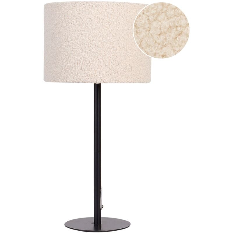 foto del prodotto lampada da comodino moderna con paralume in tessuto boucle e base in metallo a forma di tamburo beige vinazco