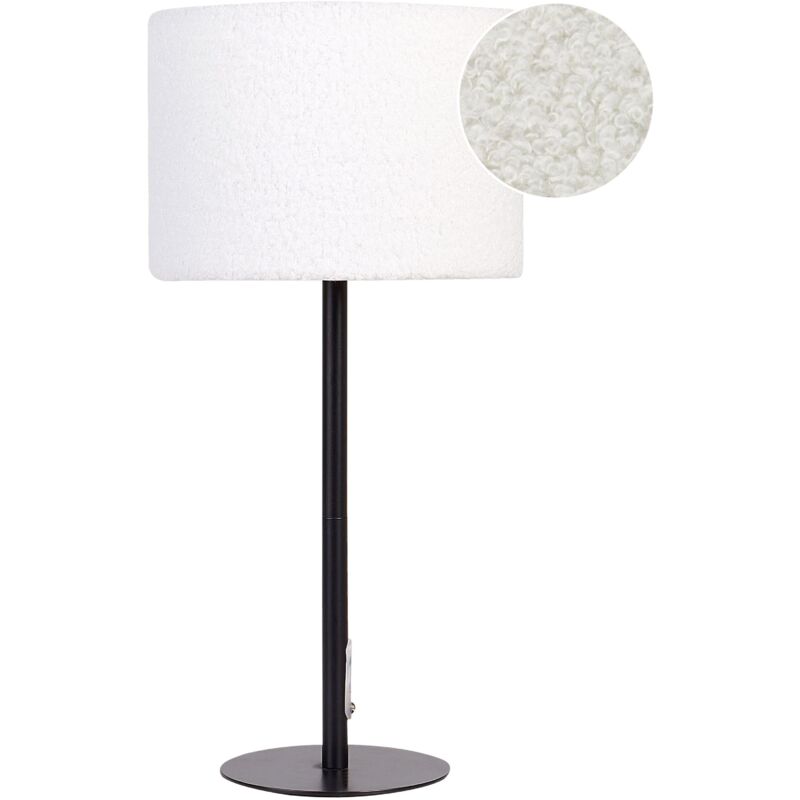 foto del prodotto lampada da comodino moderna con paralume in tessuto boucle e base in metallo a forma di tamburo bianco vinazco