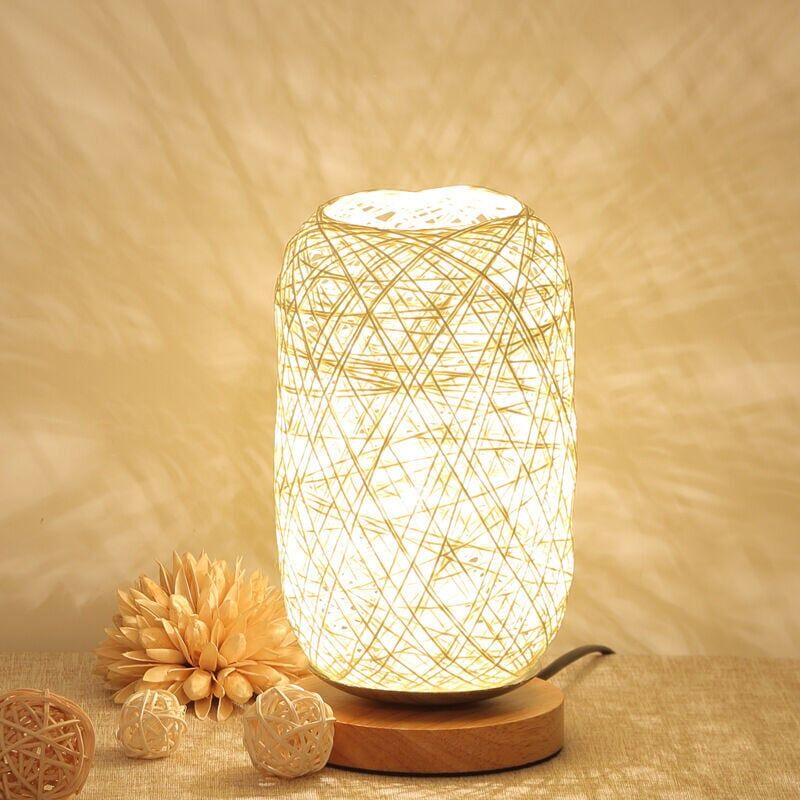 foto del prodotto lampada da comodino moderna in bamb e rattan, lampada da tavolo moderna con base in legno, arredamento personalizzato, lampada a led dimmerabile,