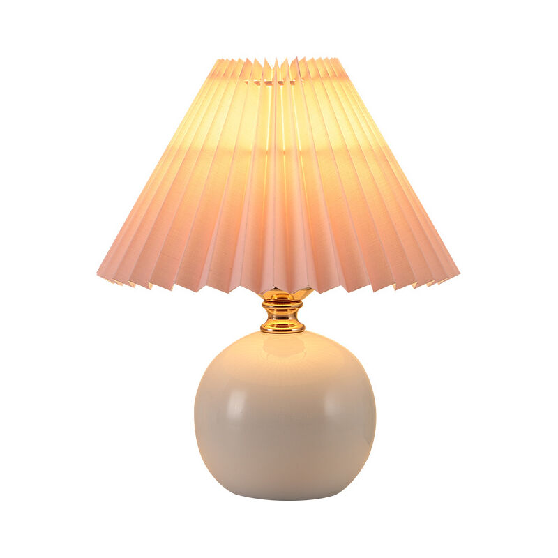 foto del prodotto lampada da comodino nordica, piccola lampada da tavolo, luce calda, e27, paralume in tessuto plissettato, base in ceramica, ceramica bianca 