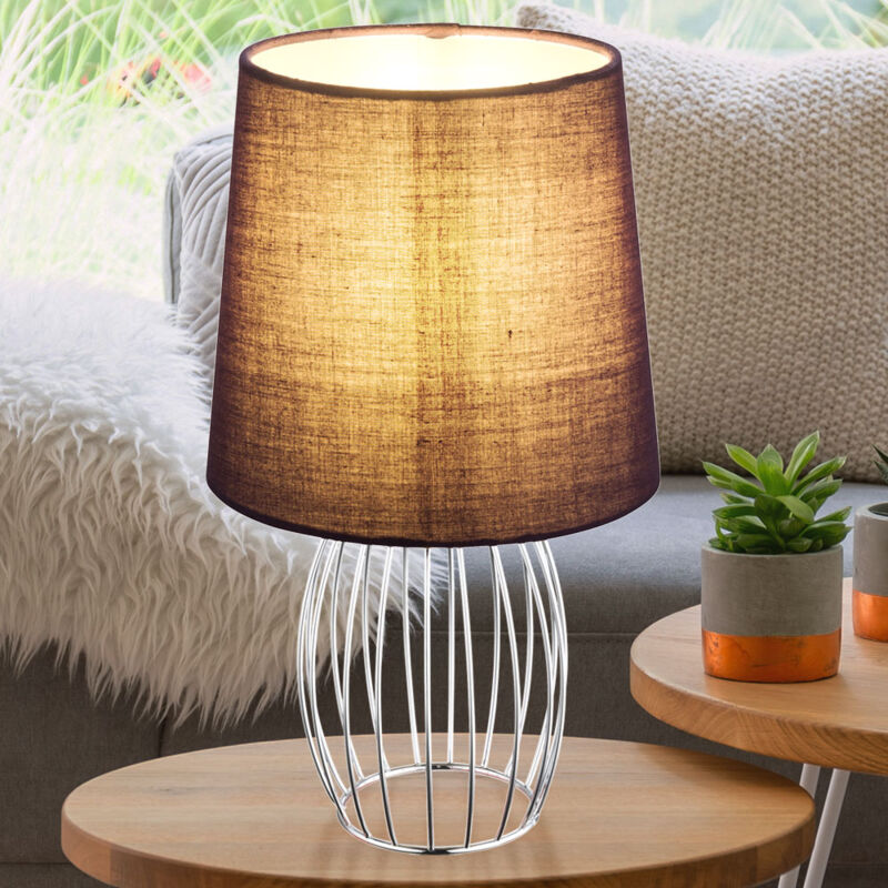 foto del prodotto lampada da comodino paralume in tessuto viola lampada da tavolo griglia metallica griglia laterale cromata, lunghezza cavo 1,5 m, 1x attacco e14, dxh