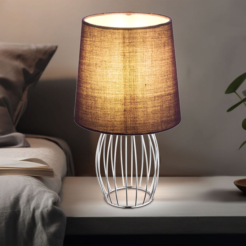 foto del prodotto lampada da comodino paralume in tessuto viola lampada da tavolo griglia metallica griglia laterale cromata, lunghezza cavo 1,5 m, 1x attacco e14, dxh