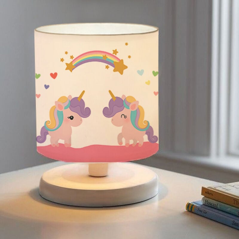 foto del prodotto lampada da comodino per cameretta maidstone lampada da tavolo con paralume cilindrico in tessuto lampada disegnata per bambini unicorno lux.pro