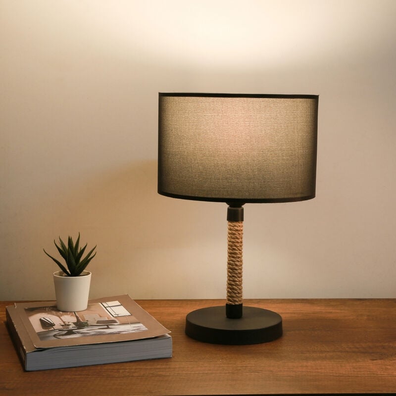 foto del prodotto lampada da comodino rayleigh lampada da tavolo con paralume circolare in tessuto e stelo in metallo con corda di iuta nero lux.pro