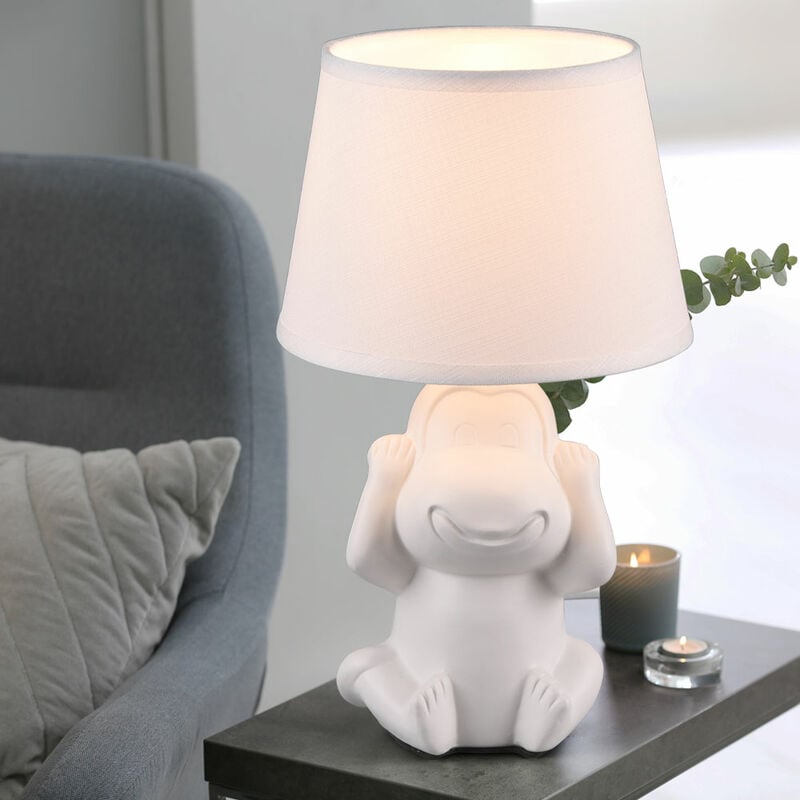 foto del prodotto lampada da comodino scimmia lampada da tavolo in ceramica bianca lampada laterale scimmia paralume in tessuto, interruttore a filo, 1x attacco e14,
