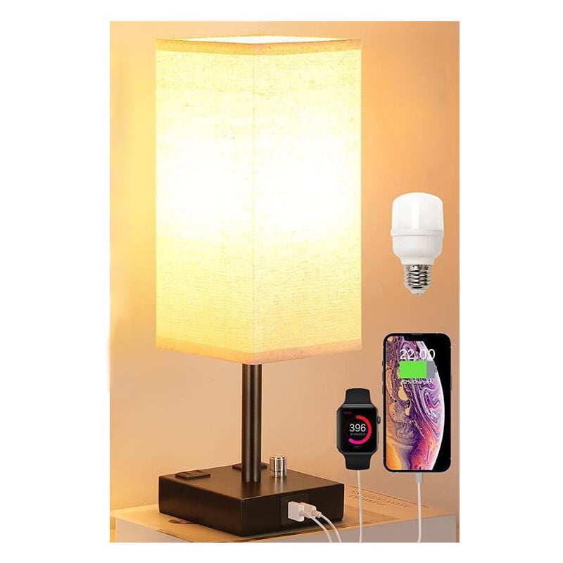 foto del prodotto lampada da comodino touch con 2 porte di ricarica usbx, dimmerabile a 3 vie, base artistica in ferro con paralume in tessuto nero, lampada da tavolo