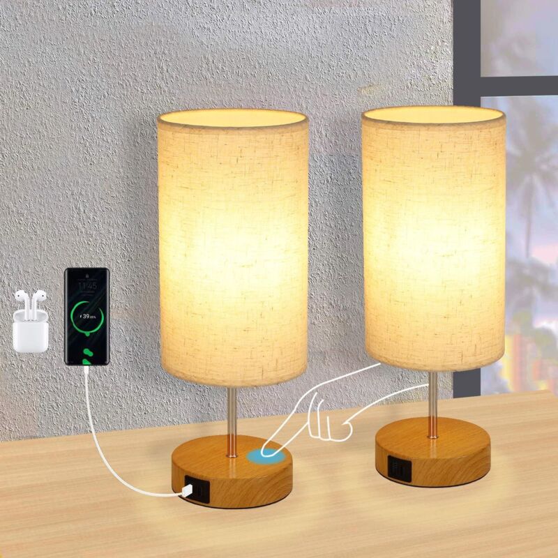 foto del prodotto lampada da comodino touch, confezione da 2 luce bianca calda dimmerabile con paralume in tessuto, funzione di ricarica usb, rotonda, per