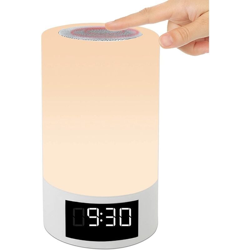foto del prodotto lampada da comodino touch ricaricabile con luce multicolore, altoparlante led, luce notturna, lampada da tavolo bluetooth, sveglia e radio fm mp3.