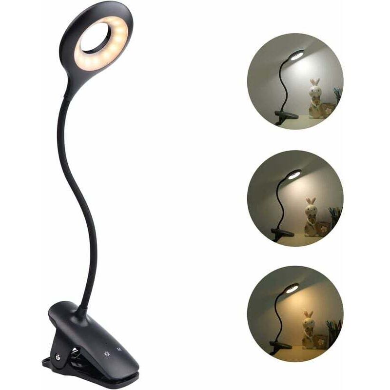foto del prodotto lampada da comodino usb ricaricabile senza fili, lampada da lettura touch nera, 3 colori e 3 intensit dimmerabili, lampada da lettura con morsetto