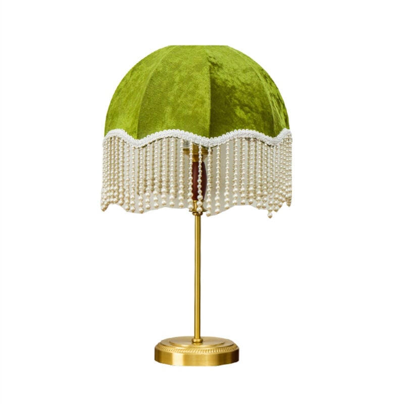 foto del prodotto lampada da comodino vintage francese con nappe di perle, materiale in velluto, verde smeraldo, illuminazione tricolore