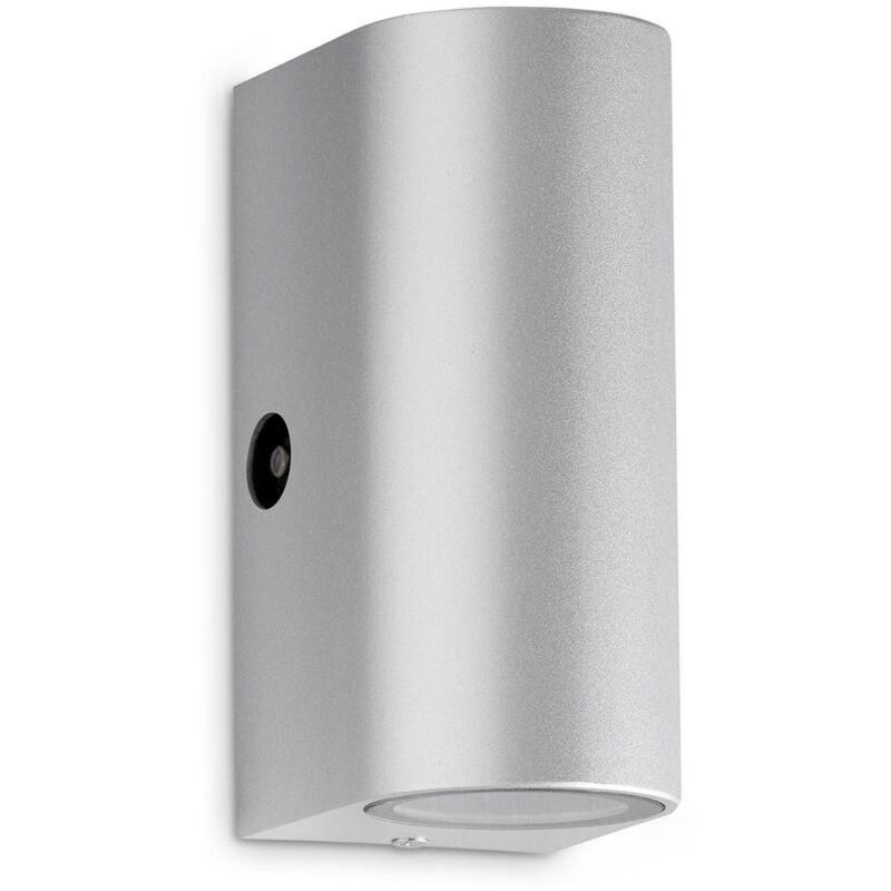 foto del prodotto lampada da esterno a led ip44, lampada da esterno a led, sensore crepuscolare, 2x gu10, 4000k bianco neutro, color argento, 151x67x92mm lxwxh 