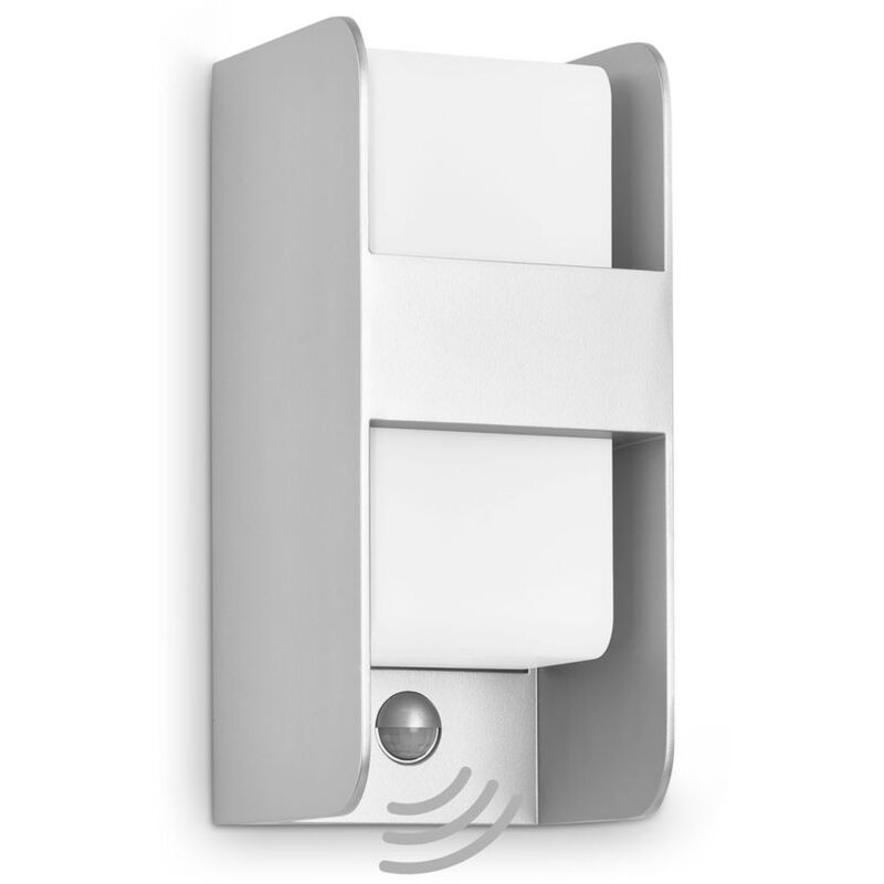 foto del prodotto lampada da esterno con rilevatore di movimento, lampada da parete ip44, sensore crepuscolare, e27, colore argento bianco, 255x120x115 mm lxwxh 